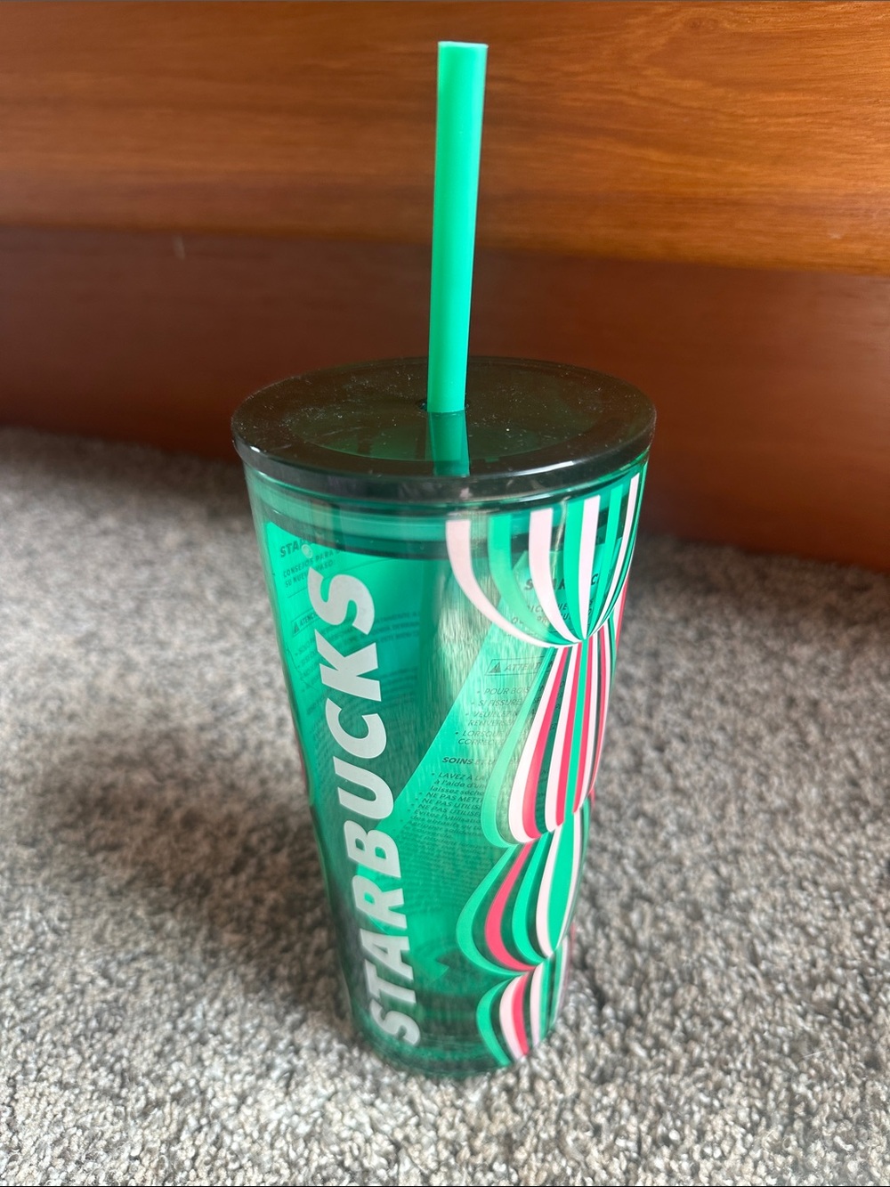 Starbucks Green Tumbler with Candy Stripe Accents and Green Straw